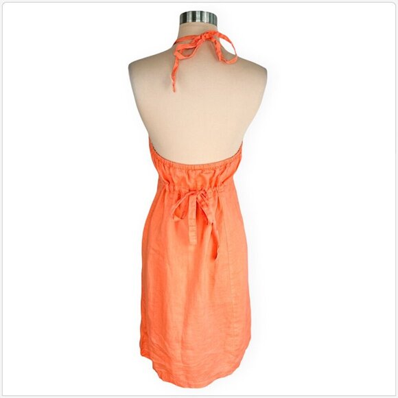Athleta Orange Sherbert Linen Halter Drawstring Empire Waist Sundress Dress M - Picture 4 of 5
